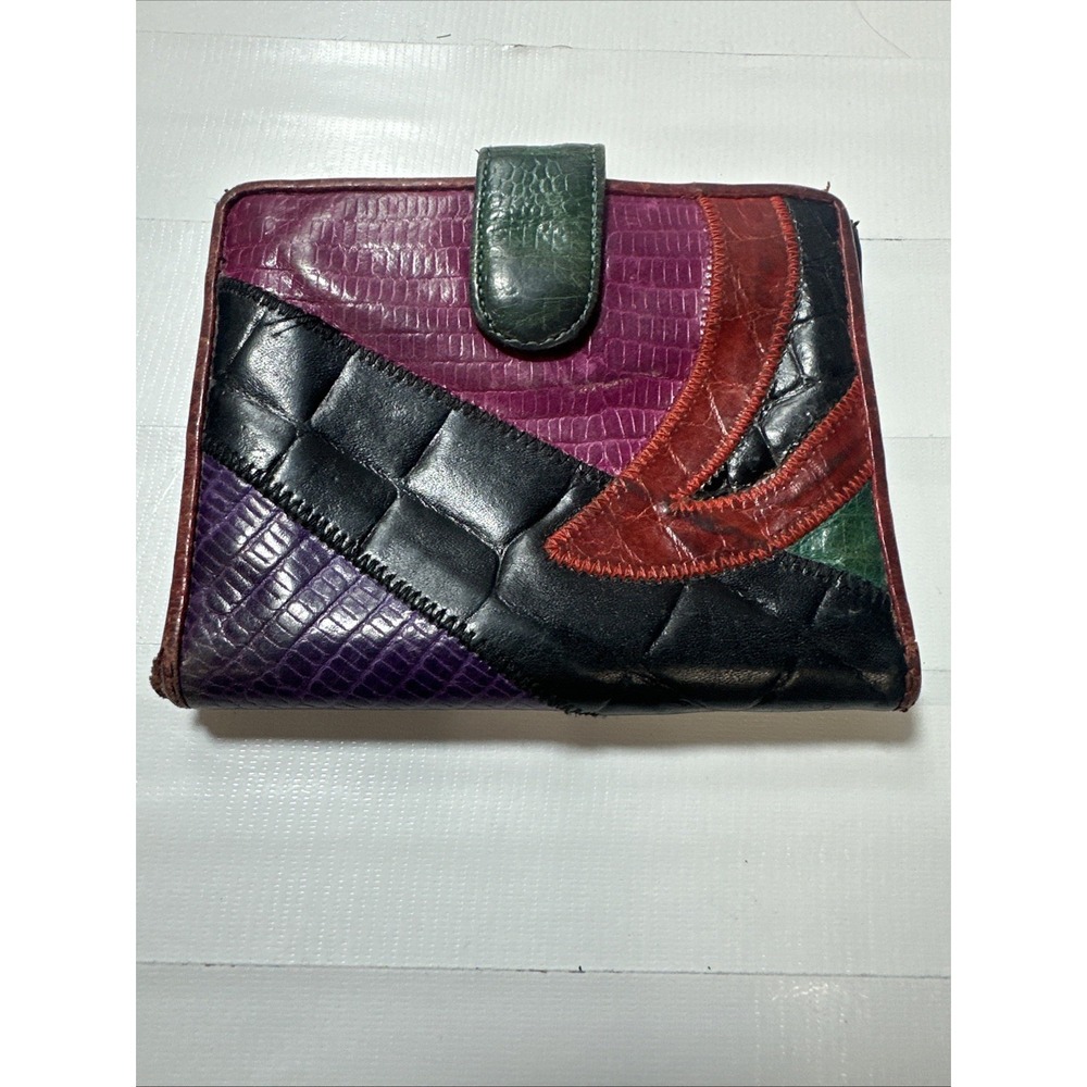 VINTAGE SHARIF / LEATHER PATCHWORK MINI KISS LOCK BI-FOLD WALLET **VGUC**